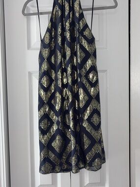 Ramy Brook Navy Dress with Metallic Gold Geometric Jacquard